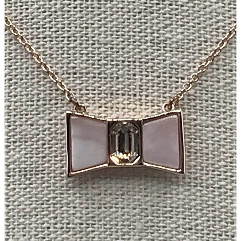 Kate Spade Pink BOW SHOPPE Mini Necklace Pendant MOP Crystal Rose Gold 12 KT